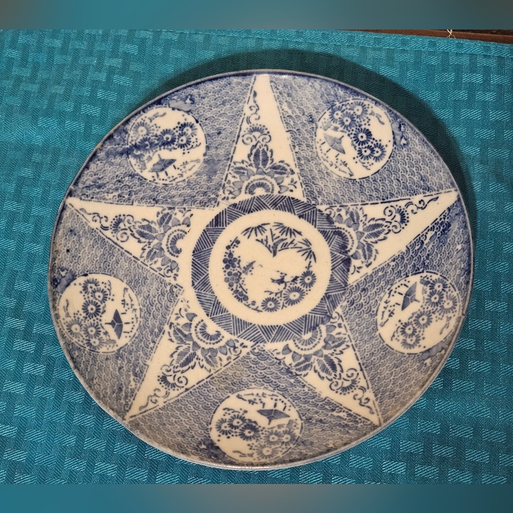 Vintage Antique 8.25" Japanese Imari Blue & White/Gray Star Hand Painted Plate